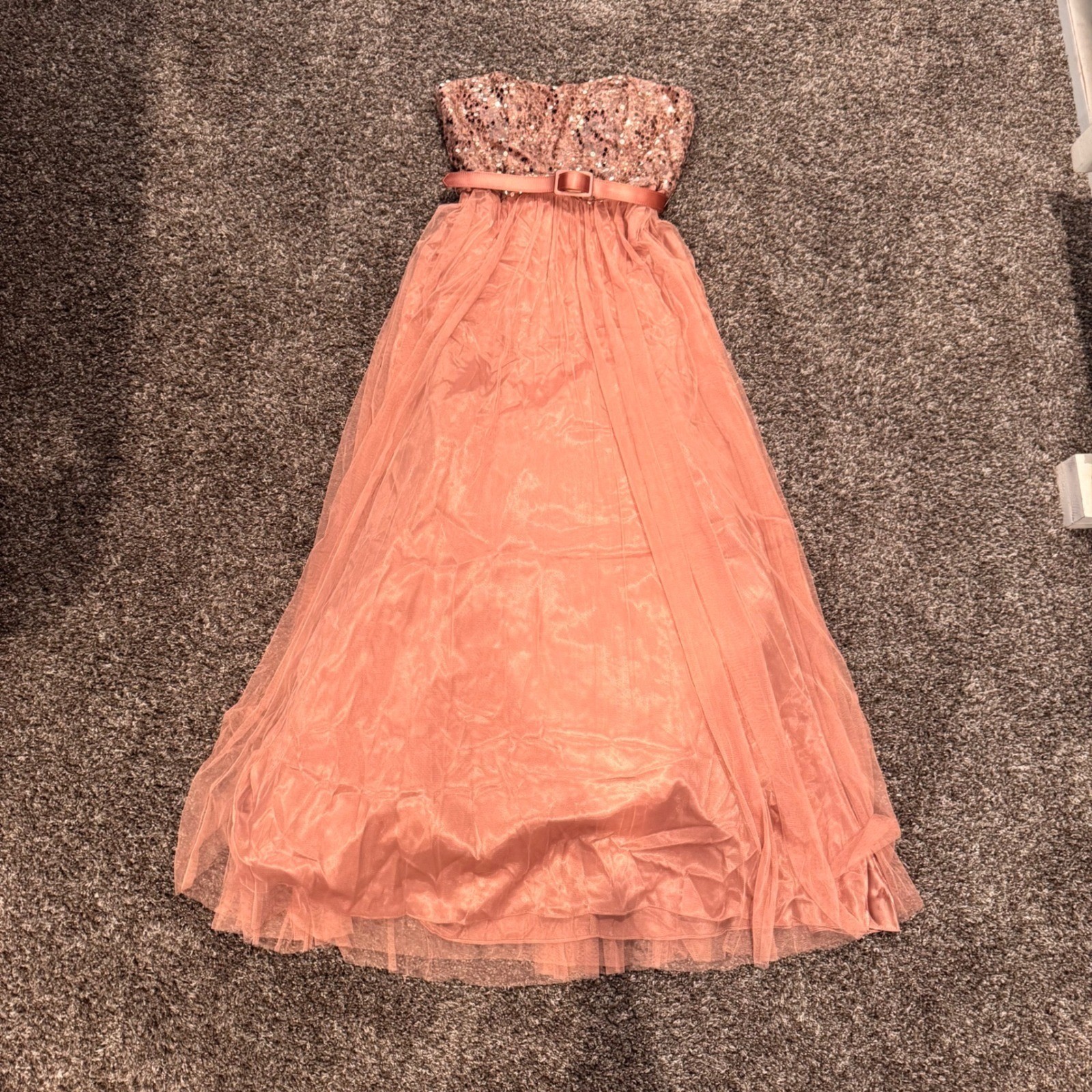Xscape Rose Gold Sequin Tulle Strapless Gown Formal Prom Evening Dress Pink 10