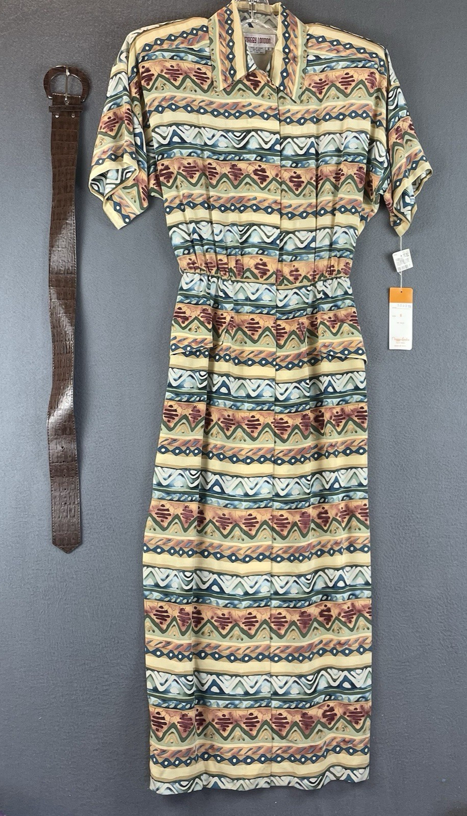 VTG Maggy London 100% Silk Dress Sz 6 NWT Tan Button Front Southwest Belt Midi