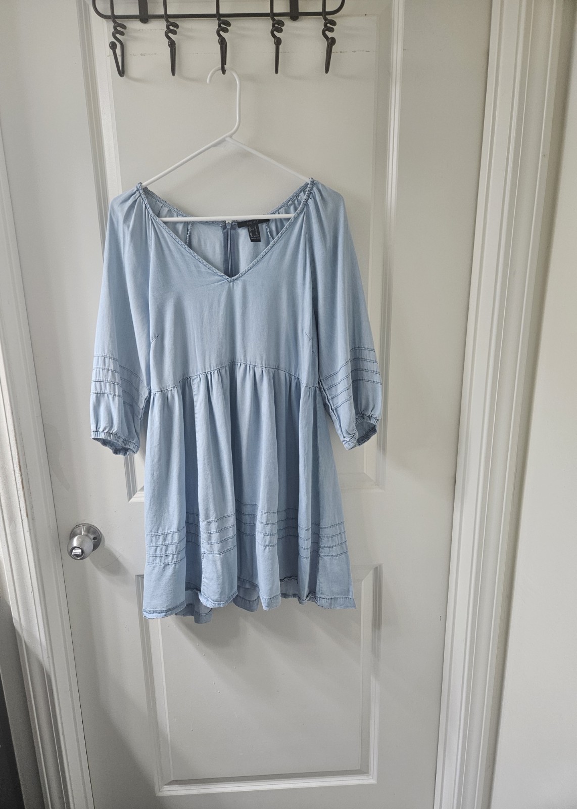 FOREVER 21 Denim Mini Dress Blue Solid V-Neck 3/4 Puff Sleeve Smocked Zip M