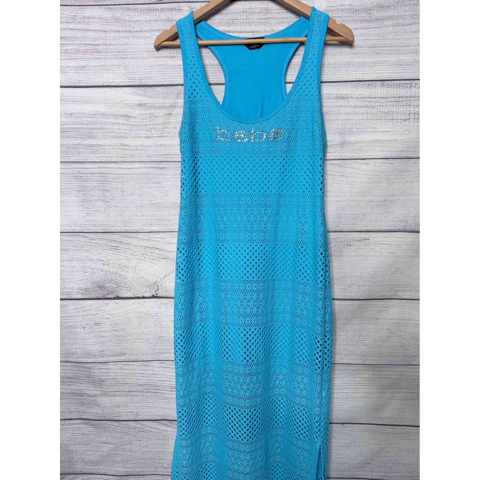 Bebe Turquoise Blue Crochet Mesh Maxi Dress Crystals Logo Y2K Slit Made in USA