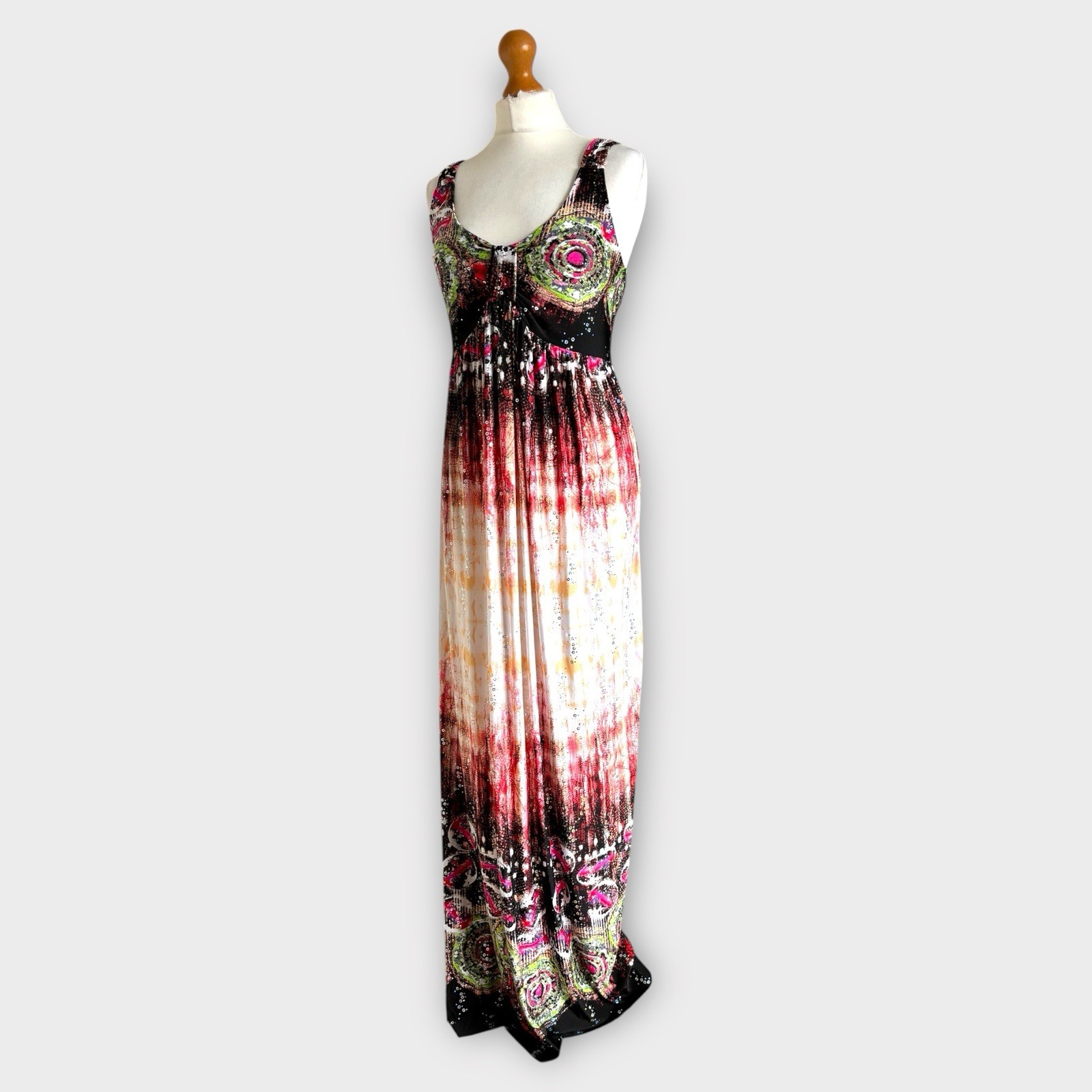 Vintage Y2K Yours Maxi Dress Fit 10 Black Pink Multi Geometric Sequin 00s Boho