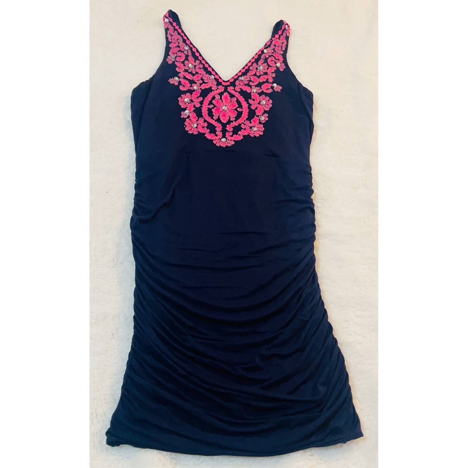 INC International Concepts Petite Navy Blue Ruched Pink Embroidered Dress S