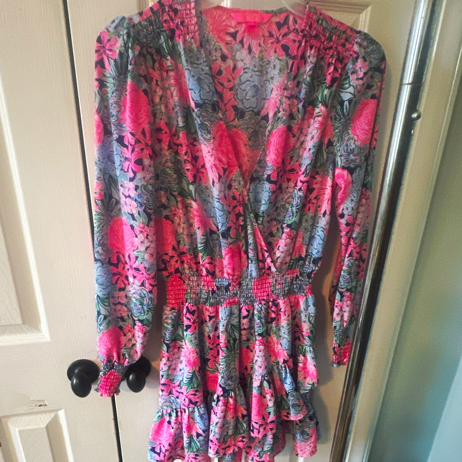 Lilly Pulitzer Floral V-Neck Long Sleeve Smocked Waist Dress 10 Pink Blue Green