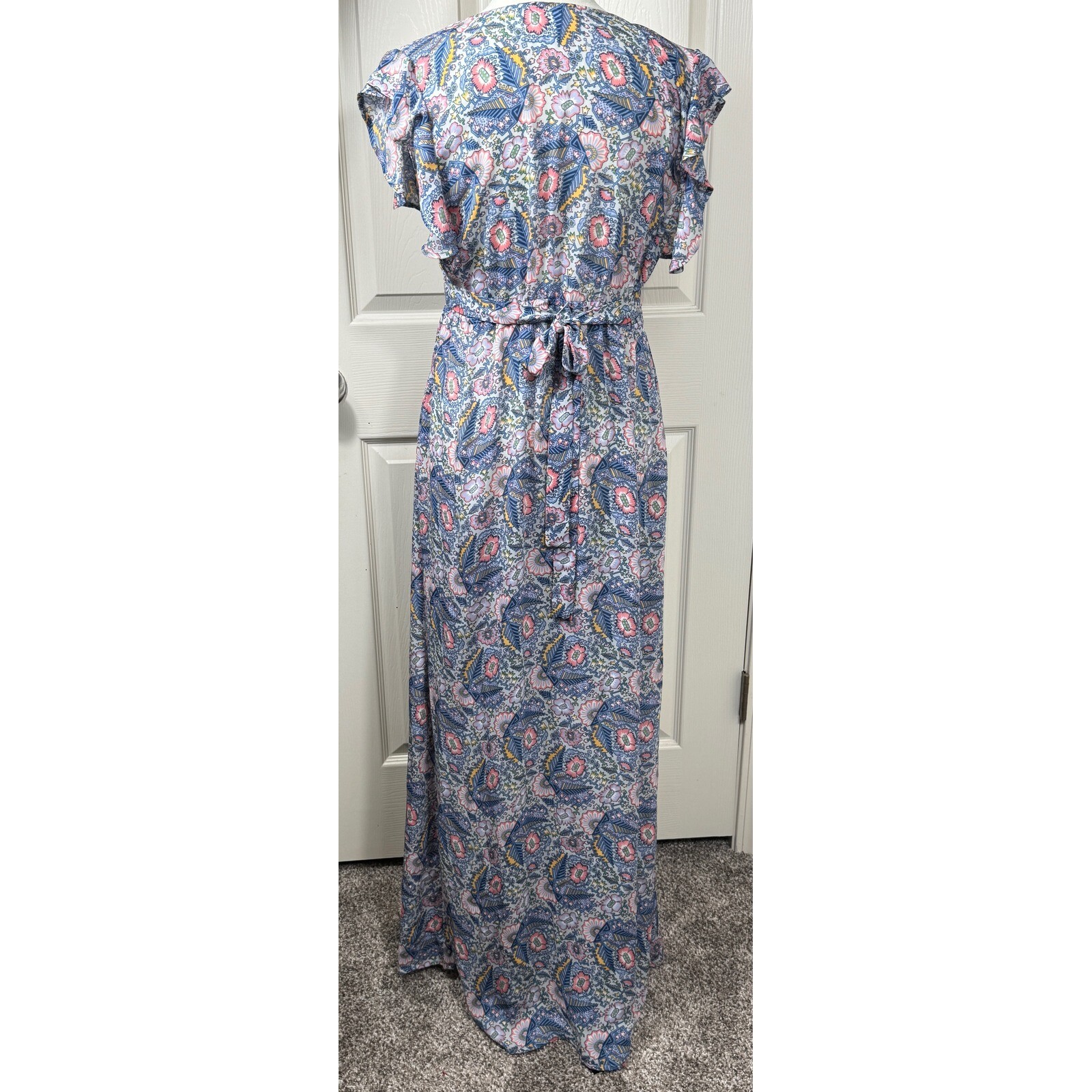 Ella Moss Maxi Dress Floral Print V Neck Tie Waist Casual Blue Size L