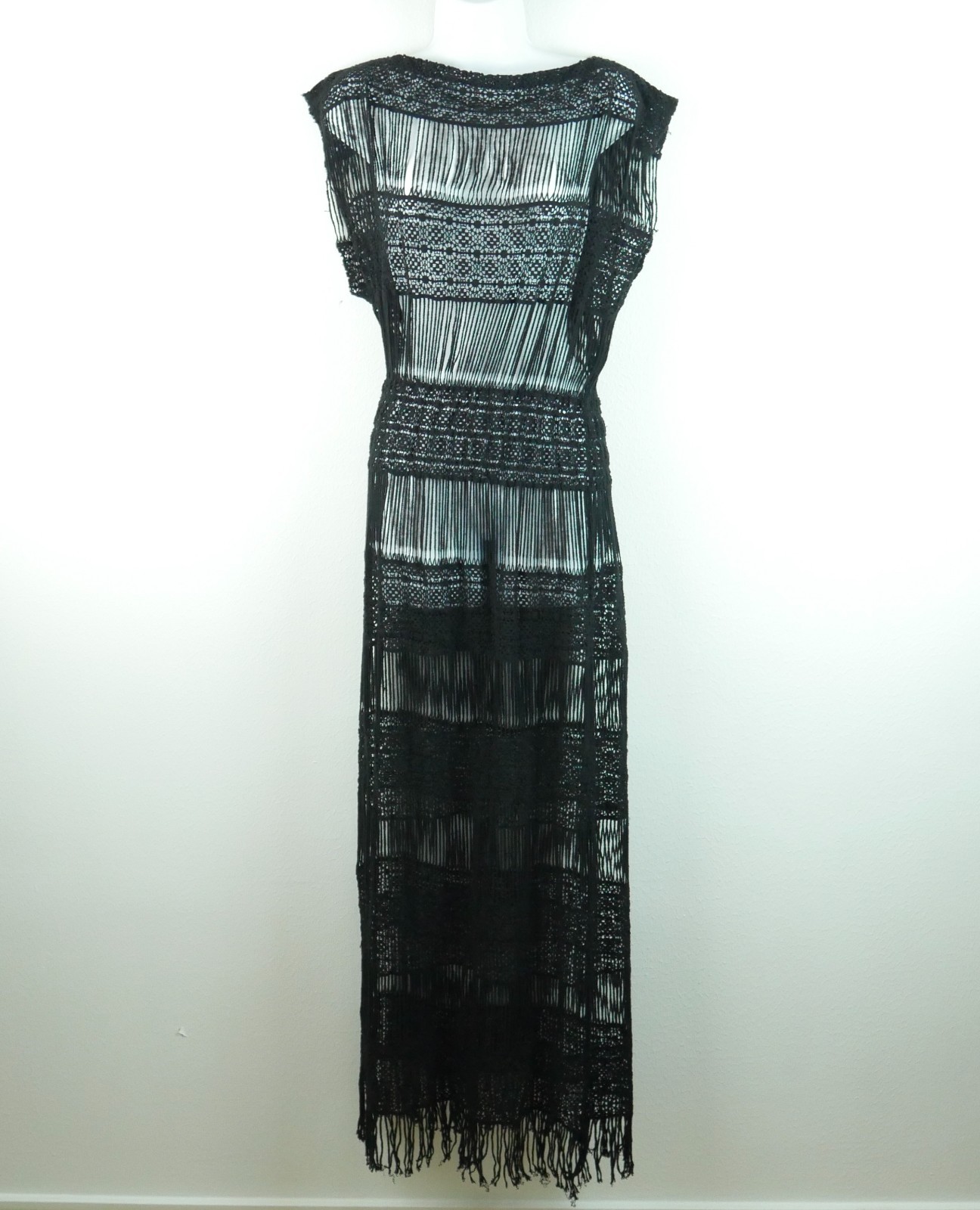 Anthropologie Callahan Nightward Crochet Fringe Maxi Dress XS S Black Sheer