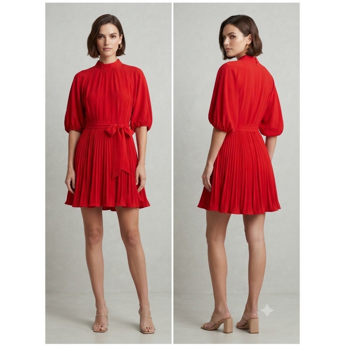 Ann Taylor Women Dress Red XSP Mock Neck Pleated Puff Sleeve Belted Mini