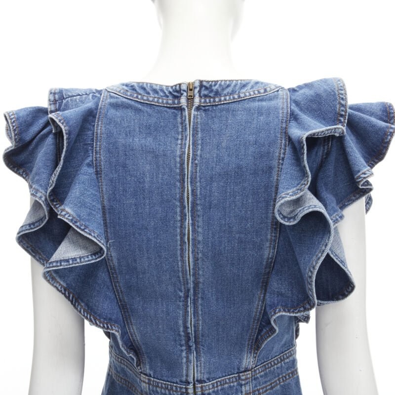 PHILOSOPHY DI LORENZO SERAFINI blue denim ruffled plunge neck dress IT38 XS