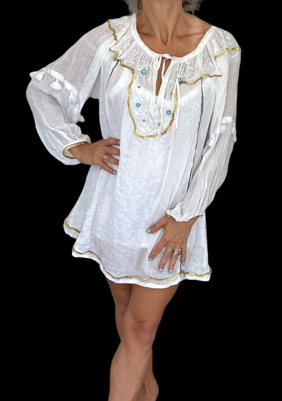 PEP’S Cannes France White Long Sleeve Embellished Tunic Dress Beach Coverup 2 L