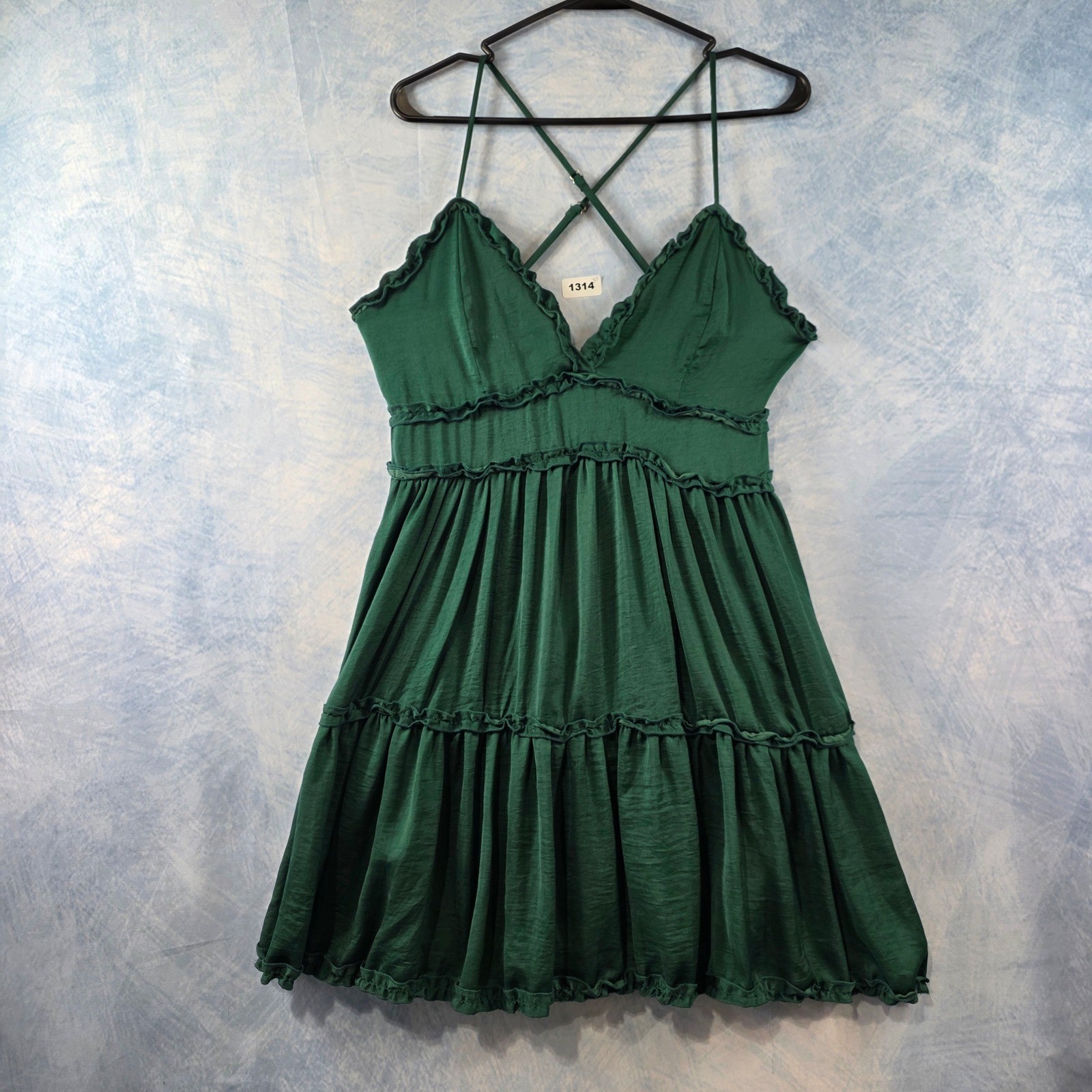 She + Sky Emerald Green Ruffle Tiered Babydoll Mini Dress Cross Back Small