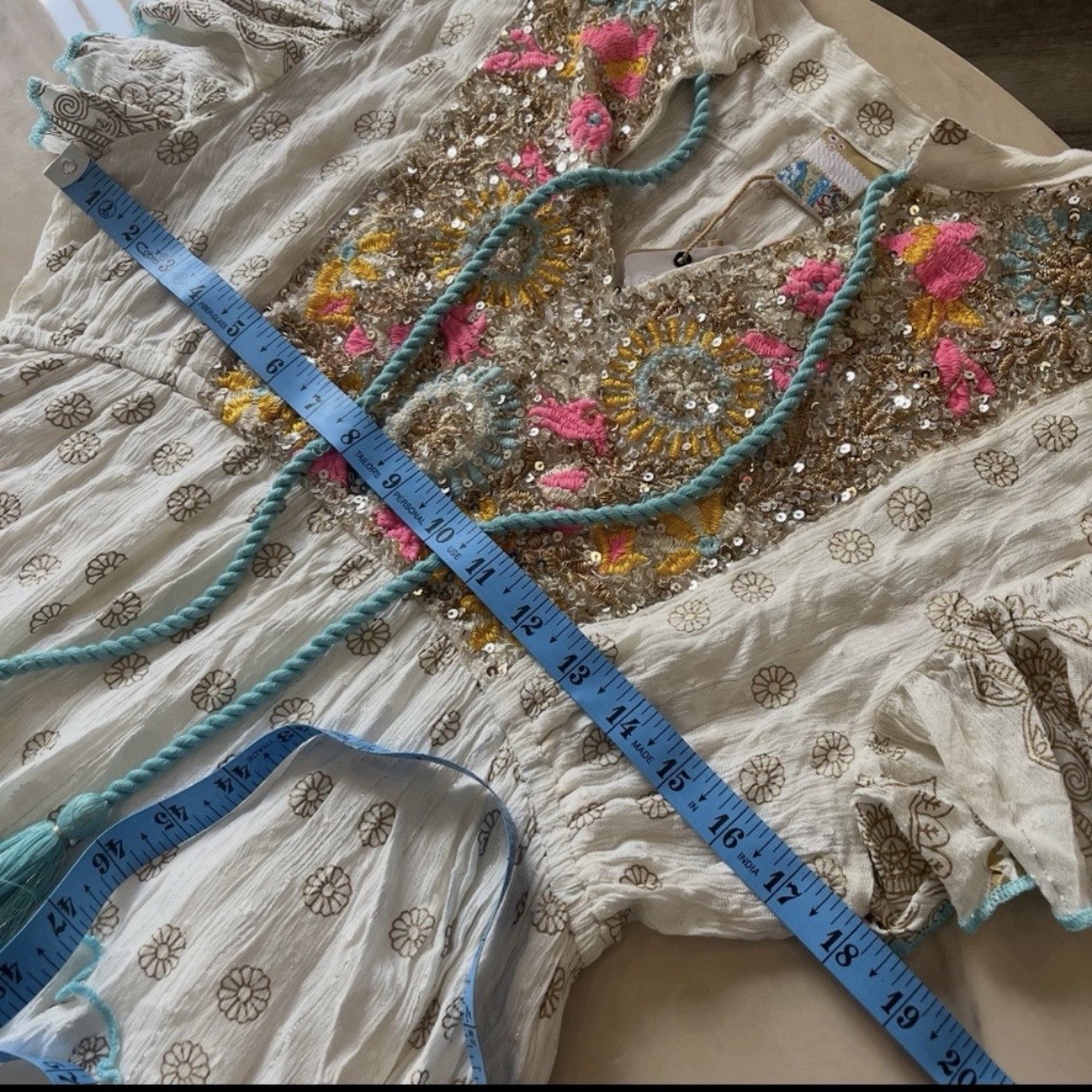 Siya Women’s OS Cream Embroidered Sequin Mini Boho Peasant Dress Festival NWT