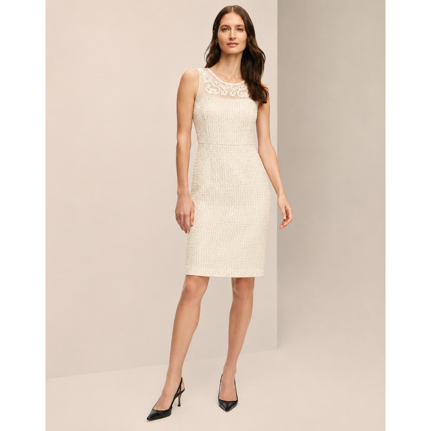 Brooks Brothers Womens Cream Metallic Tweed Embroidered Silk Yoke Dress 10 Ivory