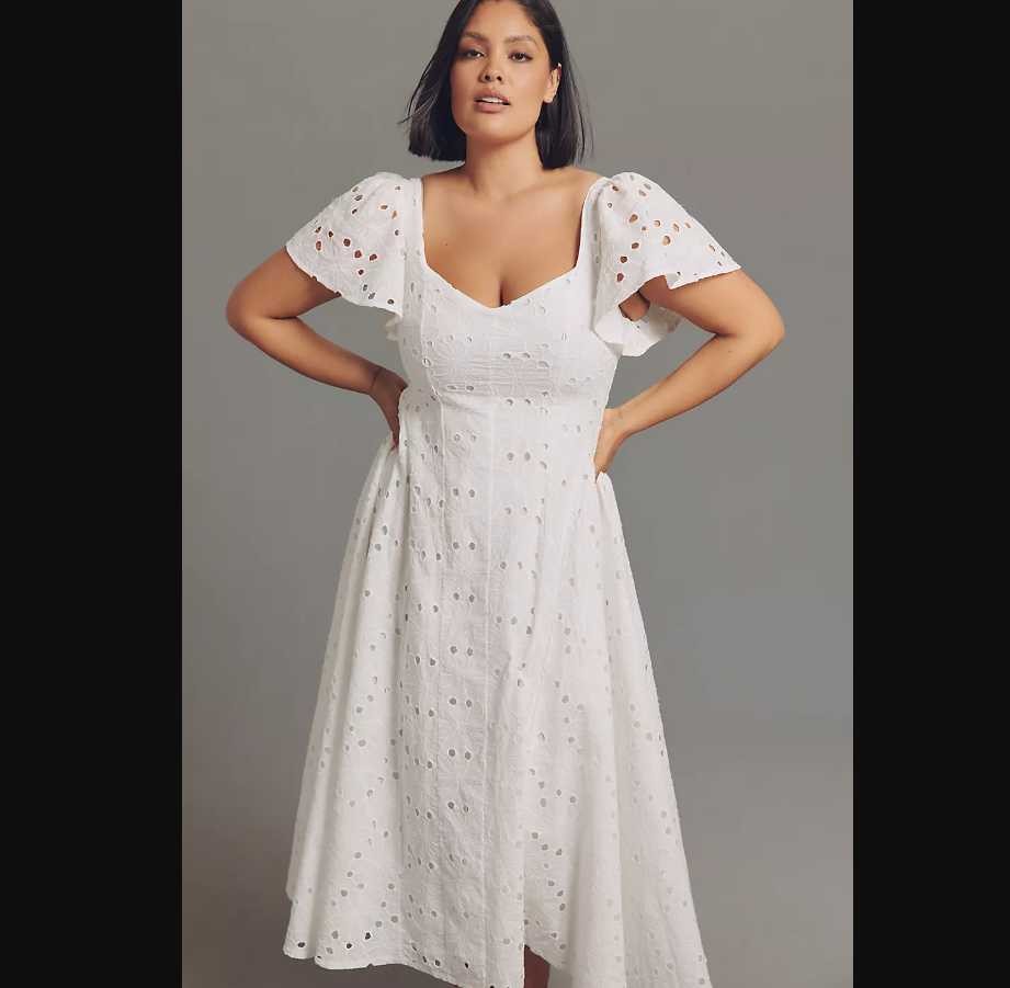 New Plus 3X Extro&Vert from Anthropologie Ada flutter-sleeve Broderie midi dress
