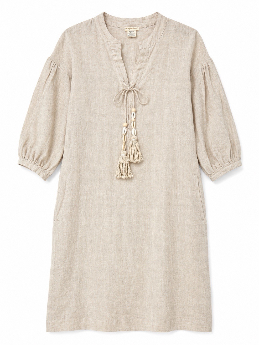 Magaschoni Oatmeal Linen Peasant Shift Dress XS NWT Shell Tassel Oversized