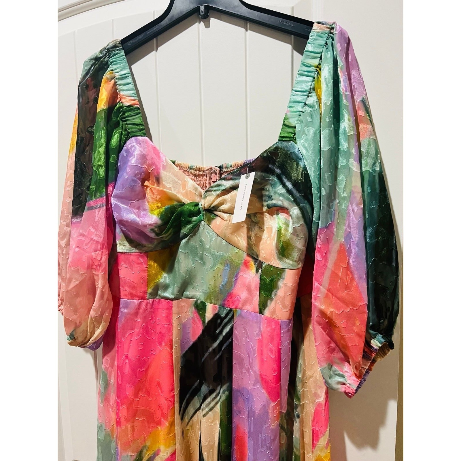 NWT❤️Anthro Hutch Printed Twist-Front Puff-Sleeve Ruffle-Hem Dress szL