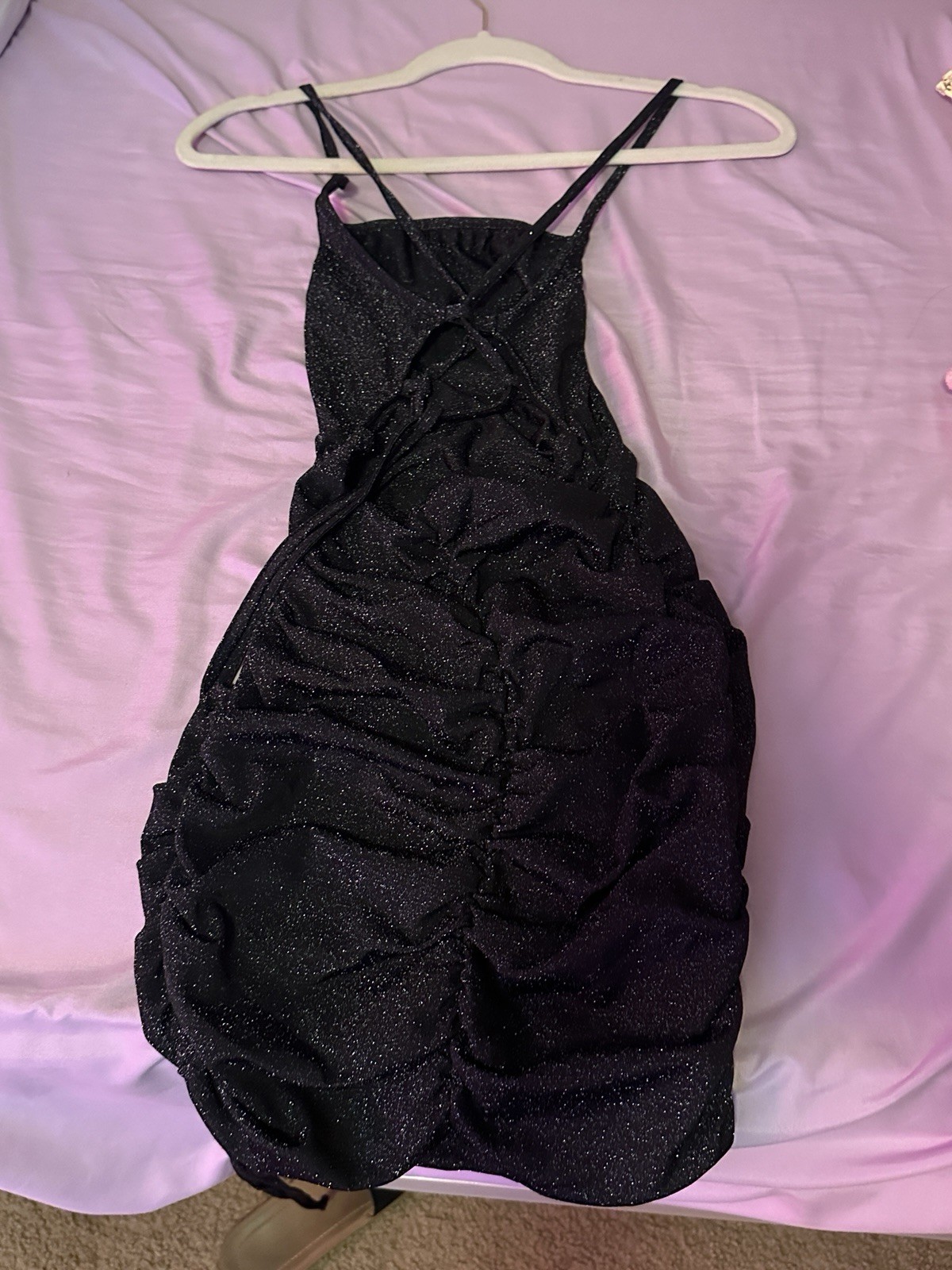 Black Glitter Ruched Square Neck Spaghetti Strap Bodycon Mini Dress S