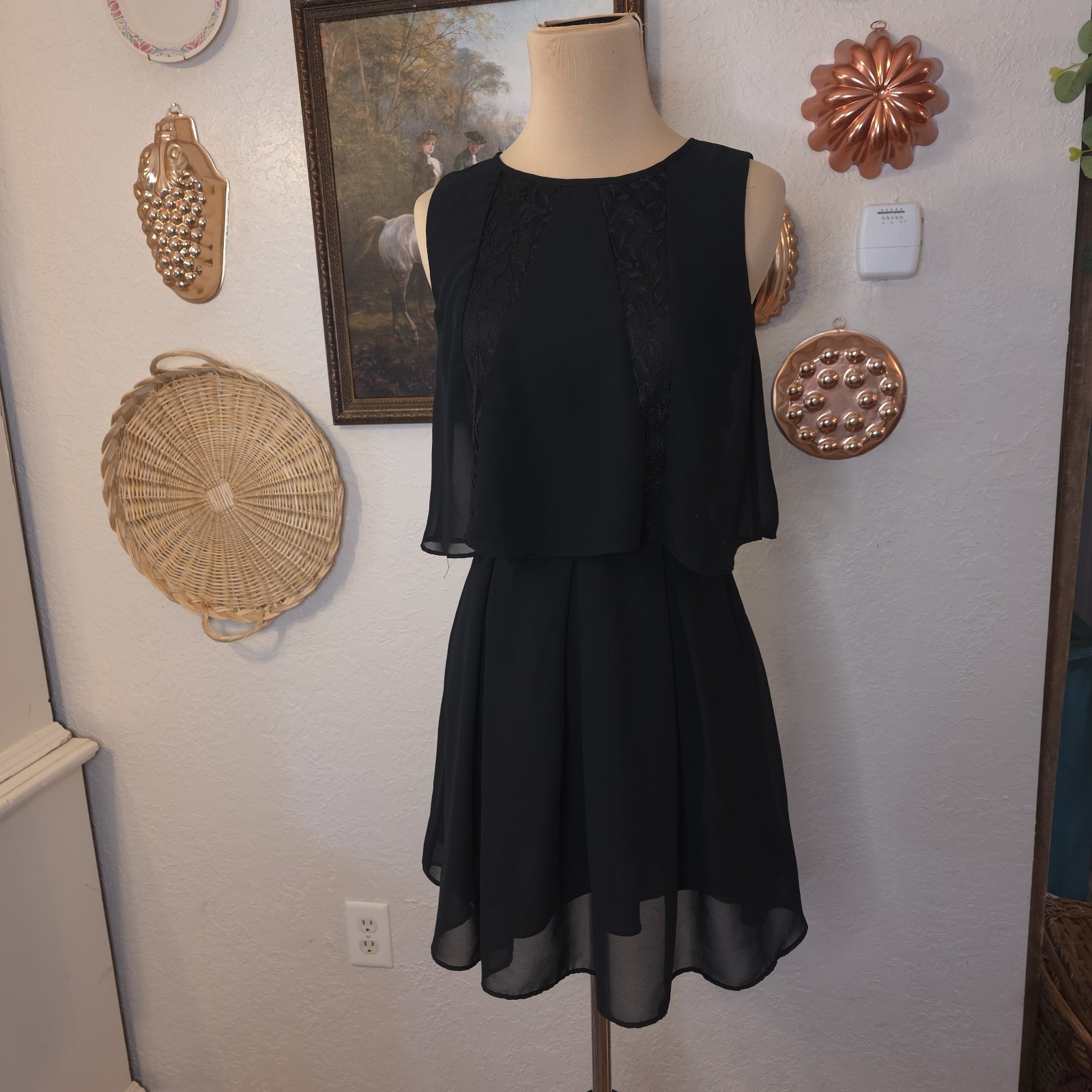 BCBGeneration 0 Black Chiffon Lace Open Back Fit and Flare Dress Cocktail Date