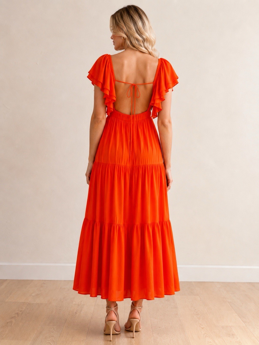 Promesa NWT Orange Open Back Tiered Maxi Dress Flutter Sleeve V Neck Medium