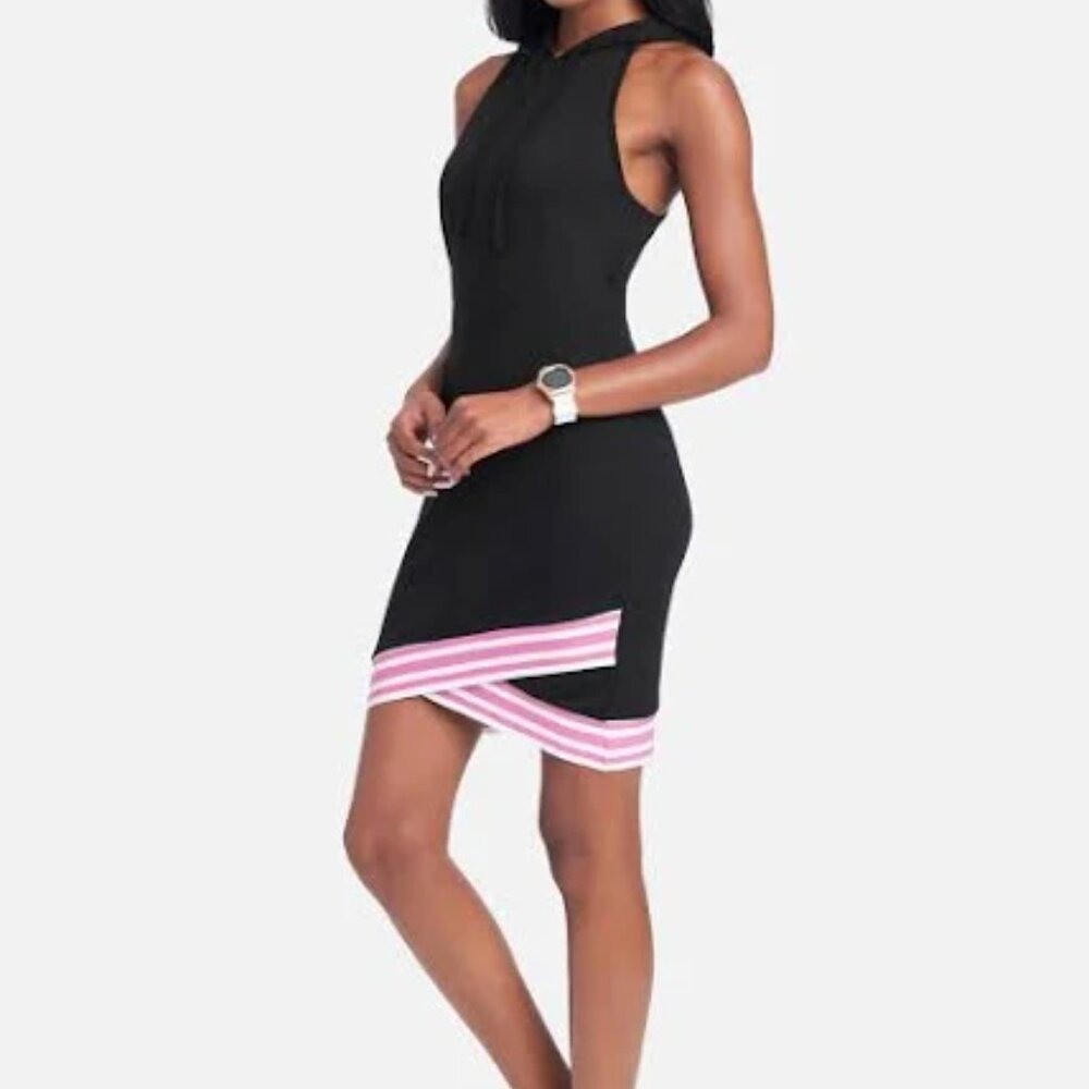 NWT Bebe Black & Pink Sleeveless Hoodie Mini Dress Fitted Women’s Size S