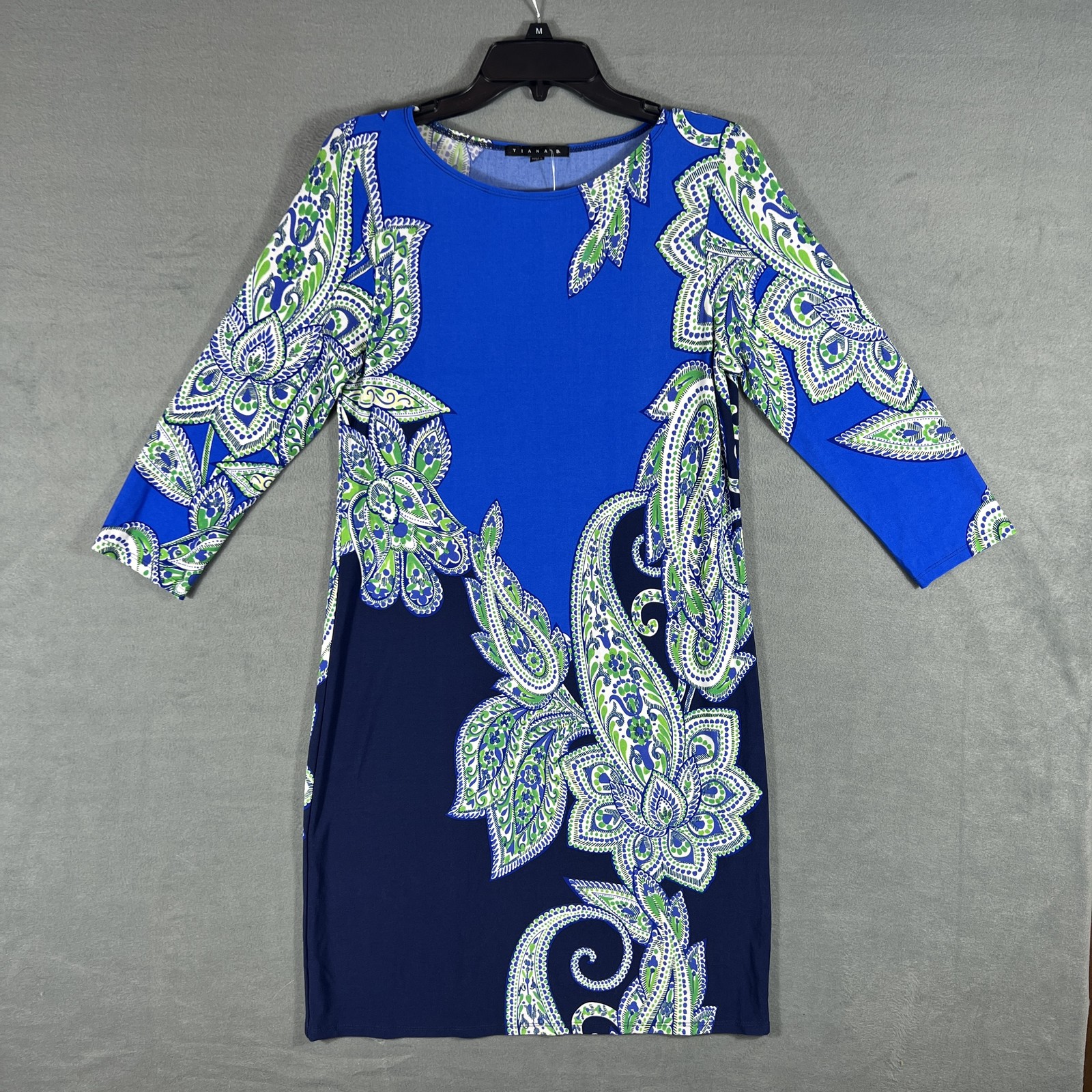 Tiana B. Women’s Blue Green Paisley Print Stretch Knit Sheath Dress Size M