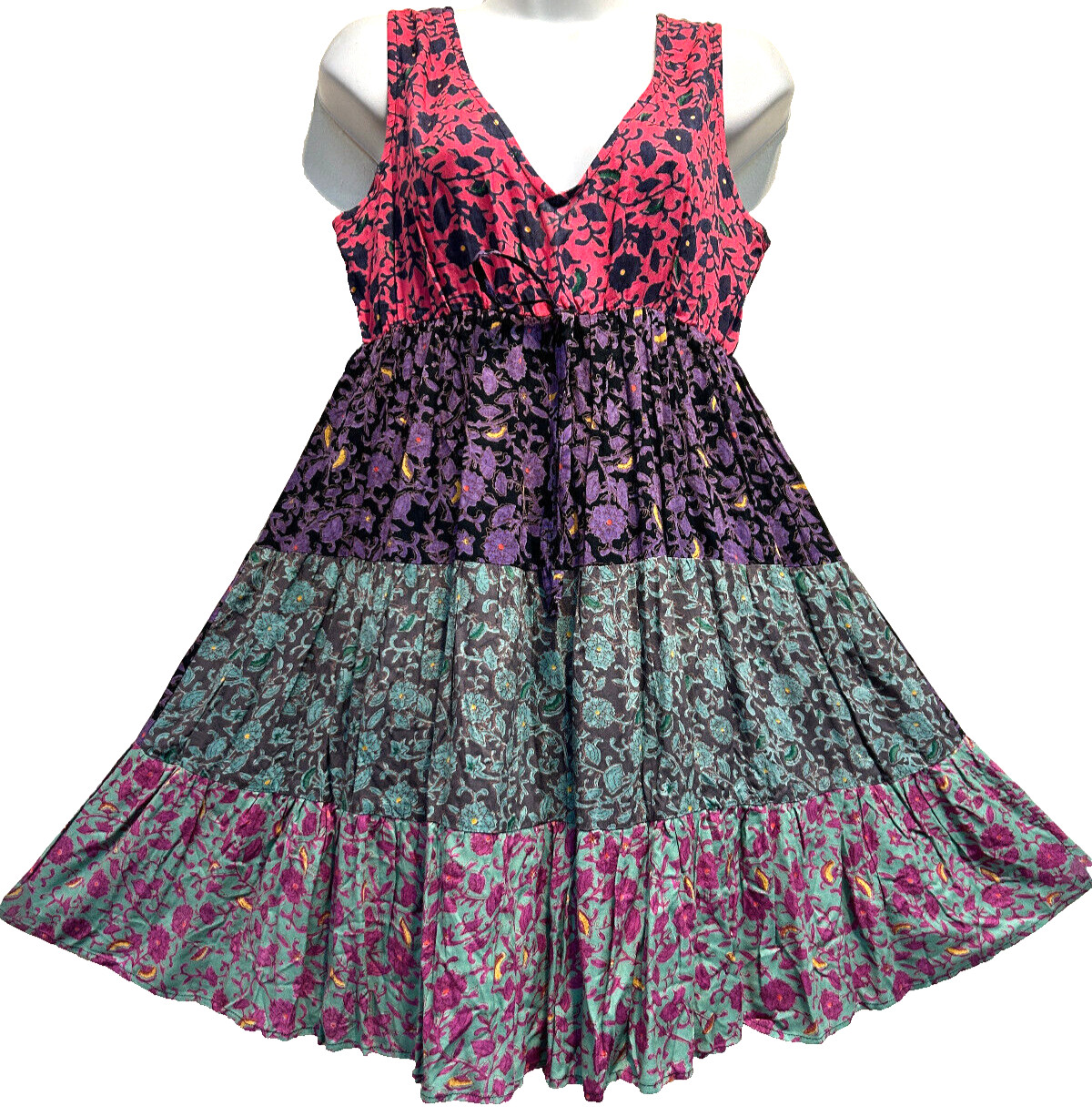 Nwt SACRED THREADS boho floral funky hippie rayon tier tank DRESS L Free shipp