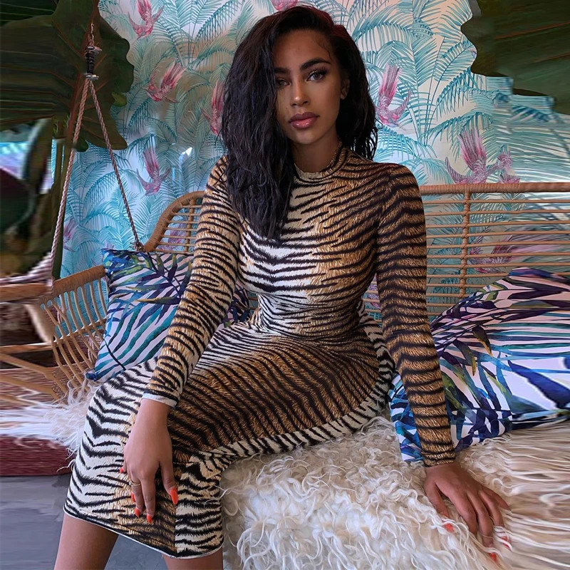 leopard print long sleeve slim bodycon sexy dress autumn winter women streetwear