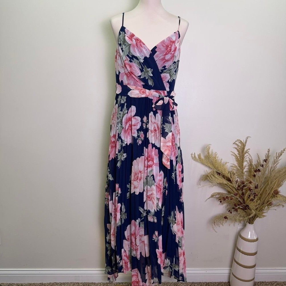 Premier Amour Size 14 Navy & Pink Floral Pleated Handkerchief Maxi Dress