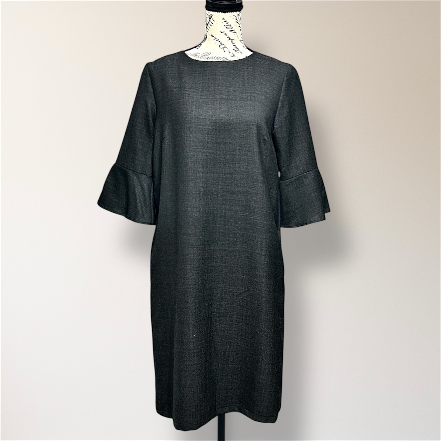 New Pendleton S Gray Virgin Wool Midi Dress Bell Sleeve Pockets Preppy Office