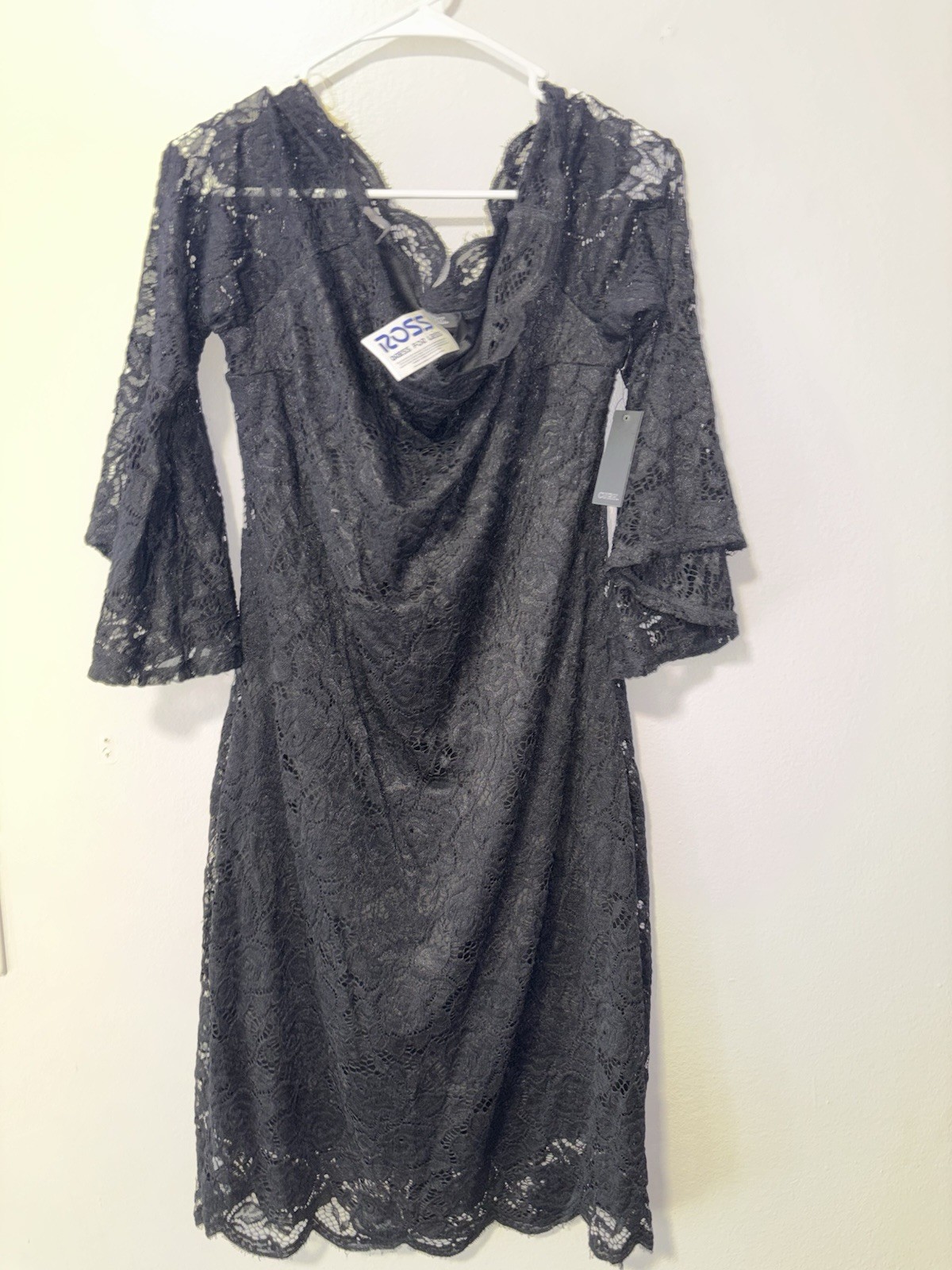 Cure L Black Floral Lace Cowl Neck 3/4 Bell Sleeve Lined Knee Dress