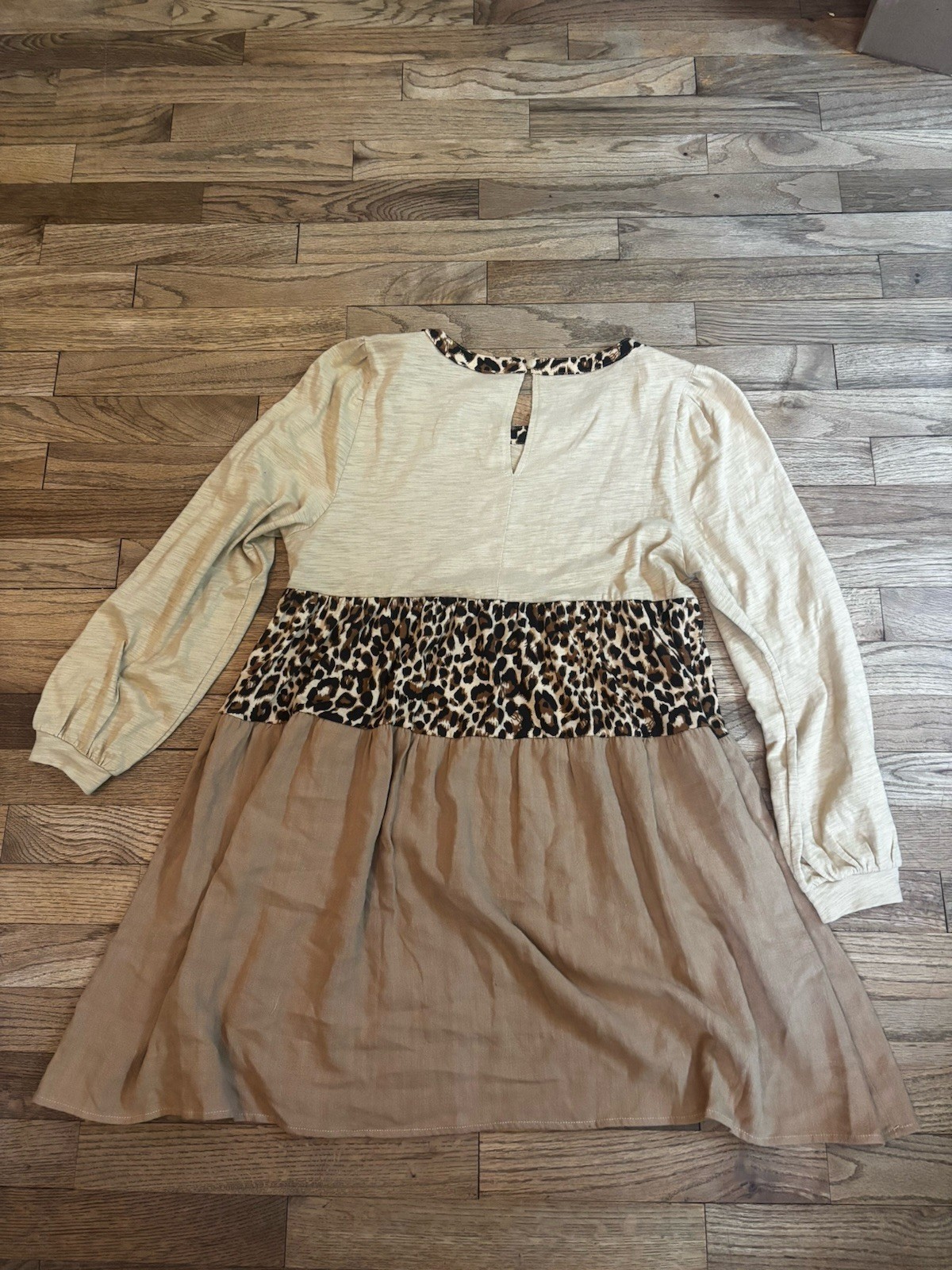 Umgee Small Leopard Print Babydoll Flowy Mini Dress Boho Long Sleeves