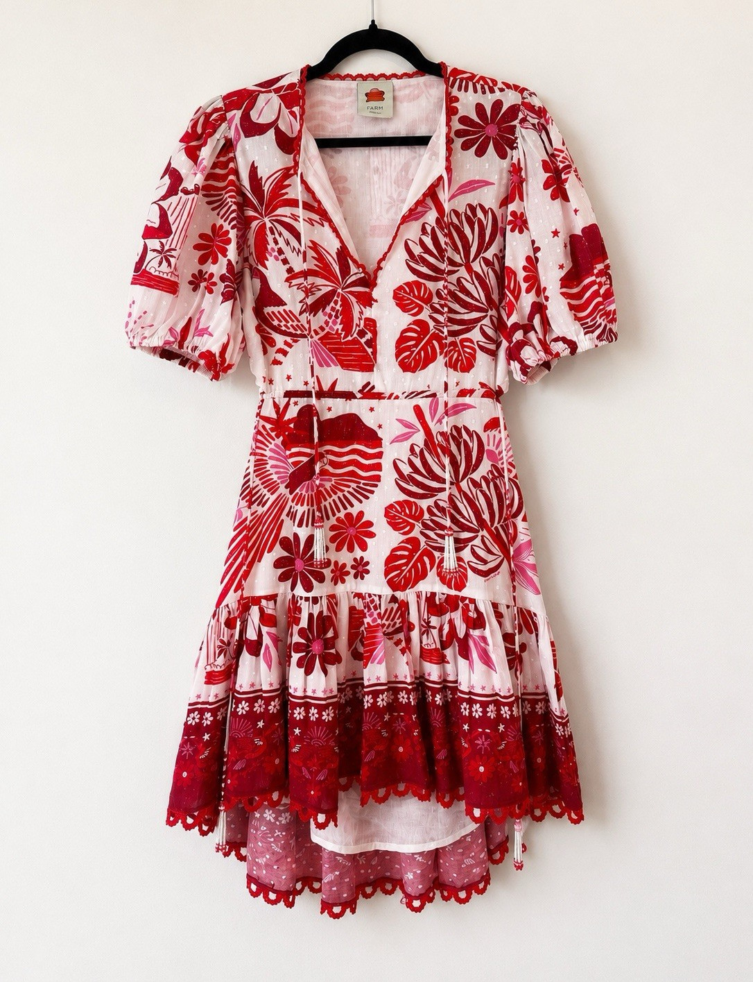Farm Rio Tropical Floral Cotton Open Back Puff Sleeve High Low Dress Women’s M