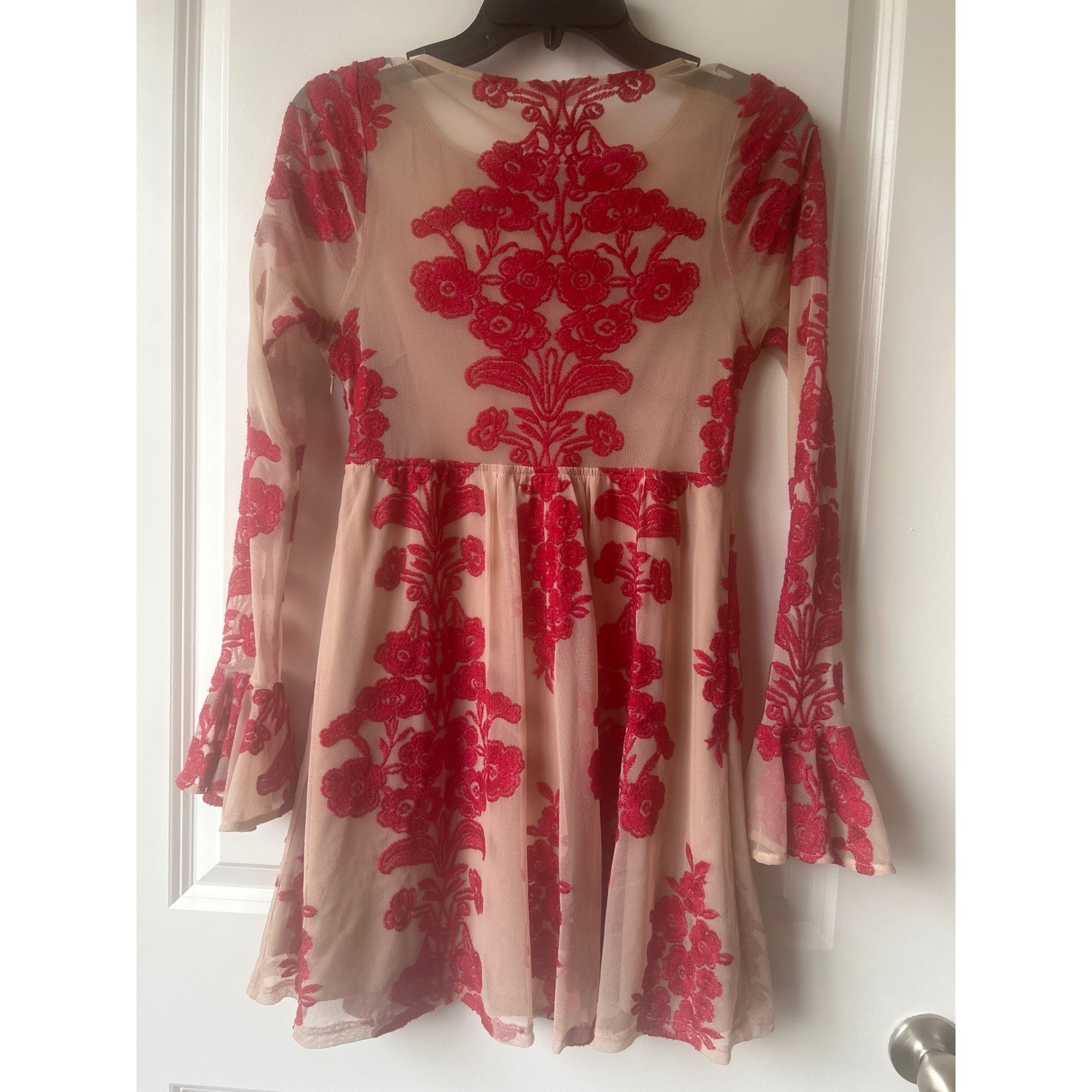 For Love & Lemons Temecula Embroidered Mini Dress Red Sand Bell Sleeve XS