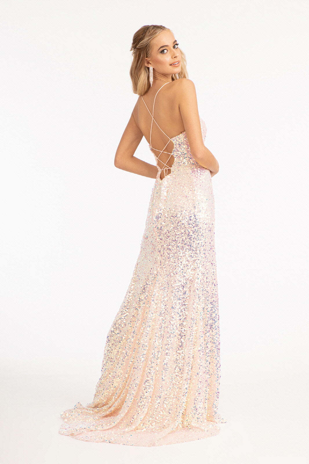 Straight Across Sequin Embellished Mermaid Dress Open Lace-up Back GLGL3051