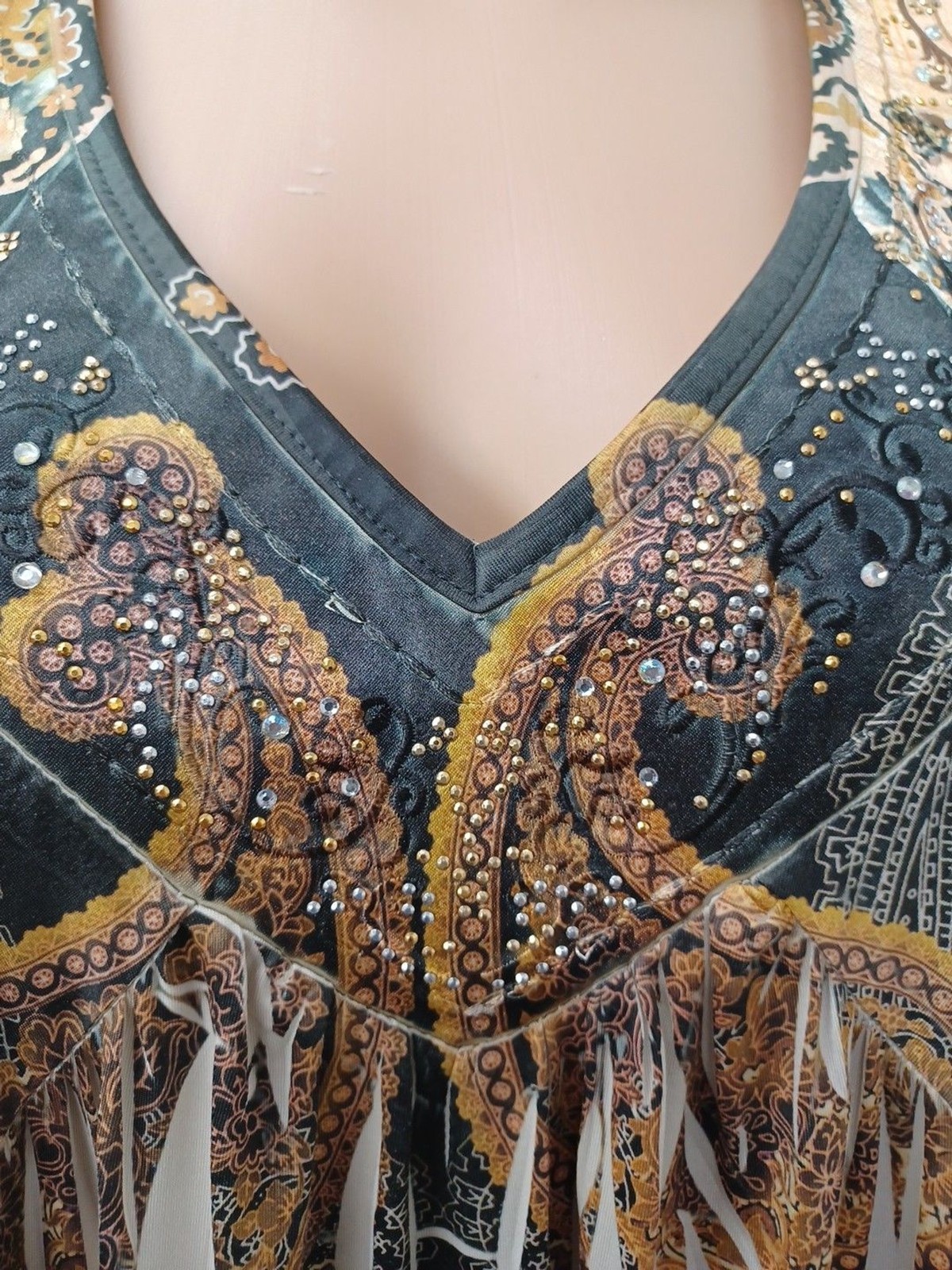 World Unity Boho Dress XL Beaded Print Festival Summer Brown Beige