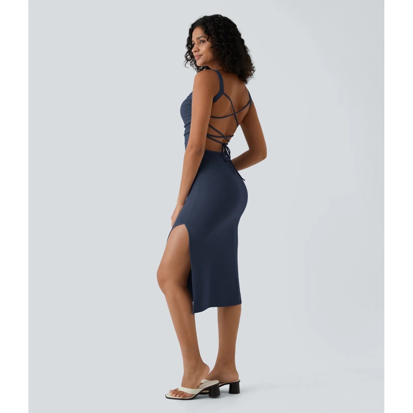 Halara Ruched Lace Up Bodycon Midi Dress Small Blue NWT Side Slit Open Back