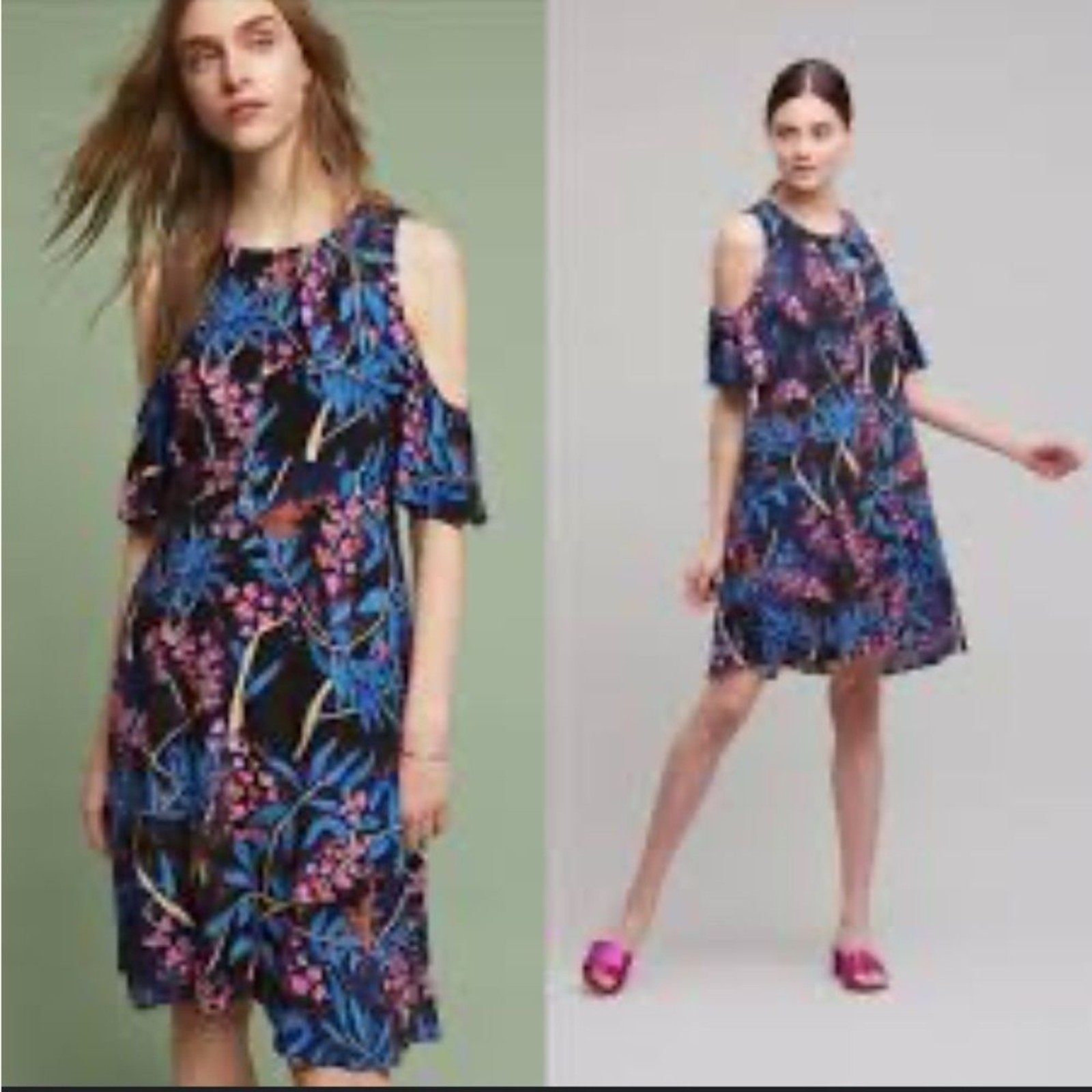 ANTHRO MAEVE ELIA NAVY MARINE MULTI COLD SHOULDER SHORT SLEEVE FLORAL DRESS 6