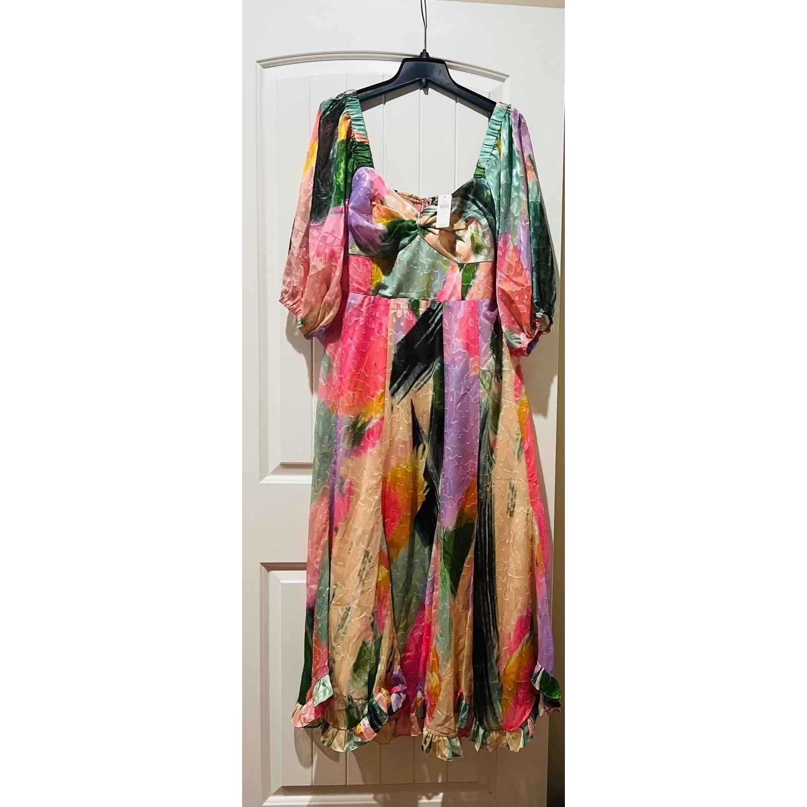 NWT❤️Anthro Hutch Printed Twist-Front Puff-Sleeve Ruffle-Hem Dress szL