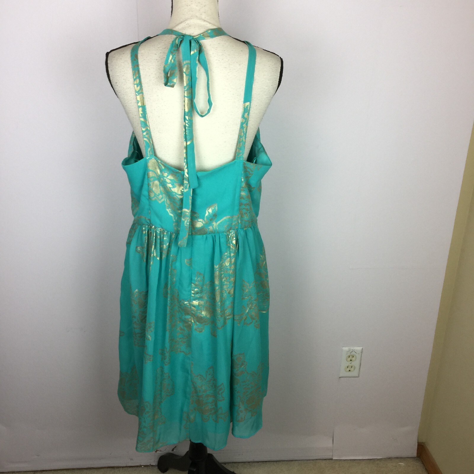 NWT Robbie Bee Evening Cocktail Halter A-Line Dress Sz 14 Woman Blue Gold Floral