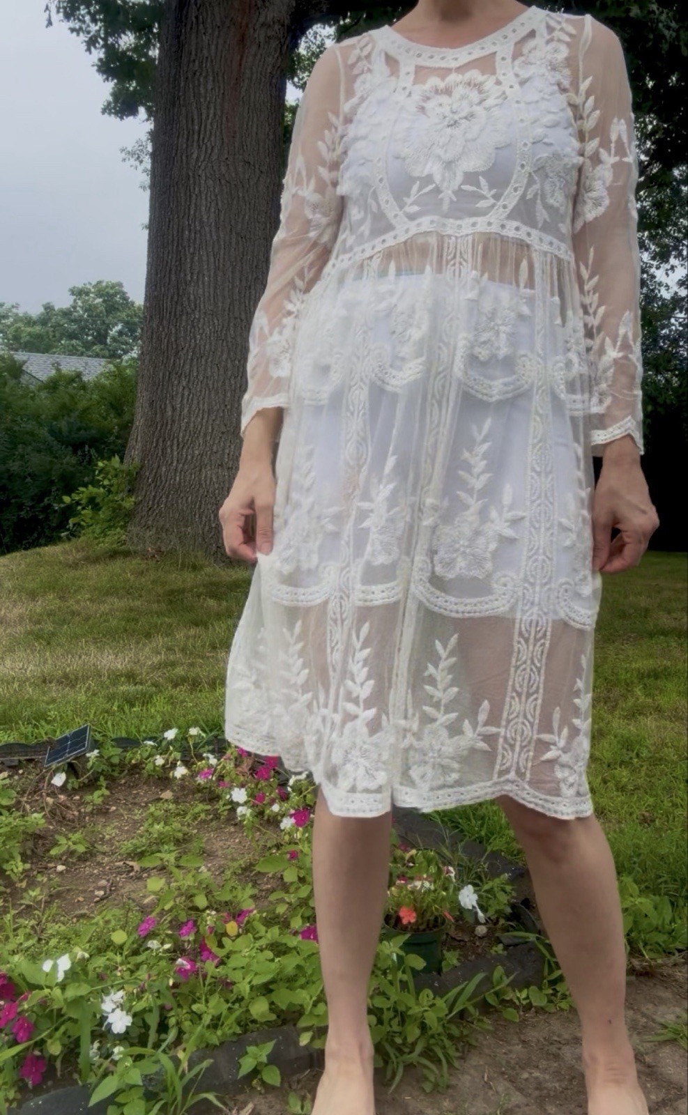 Ivory Sheer Floral Lace Embroidered Boho Midi Dress Long Sleeve Size L