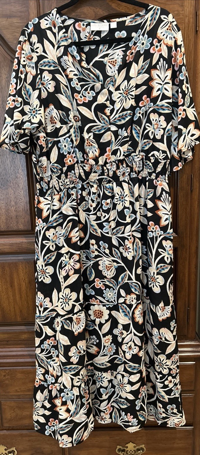 Belle Boho Kim Gravel Tiered Flutter Dress Sz XL Black Floral A655135 Women