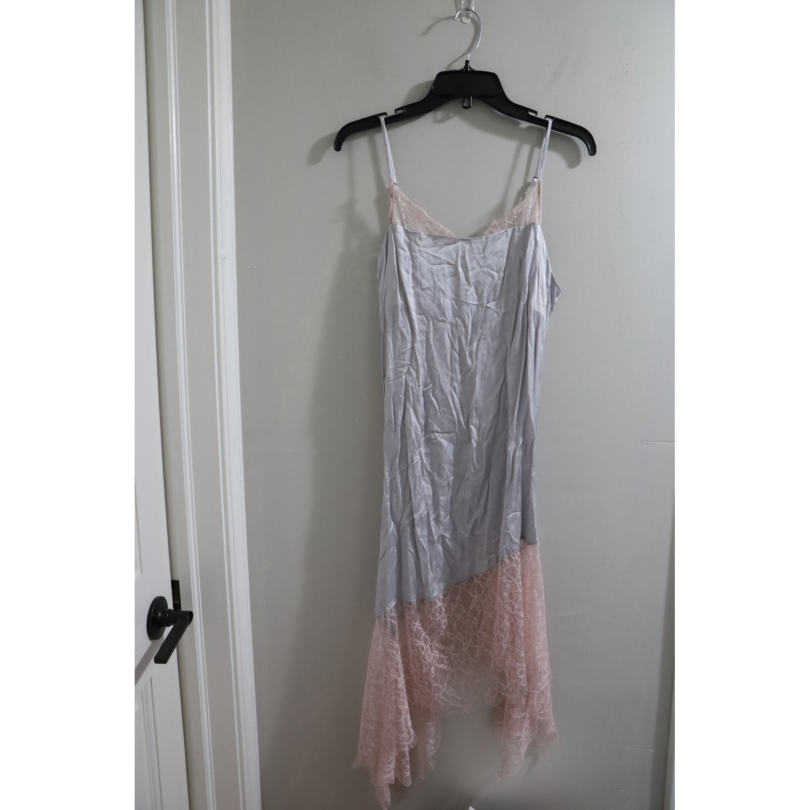 Anthropologie Slip Dress Pink Lace Trim Silver Gray Cocktail Party