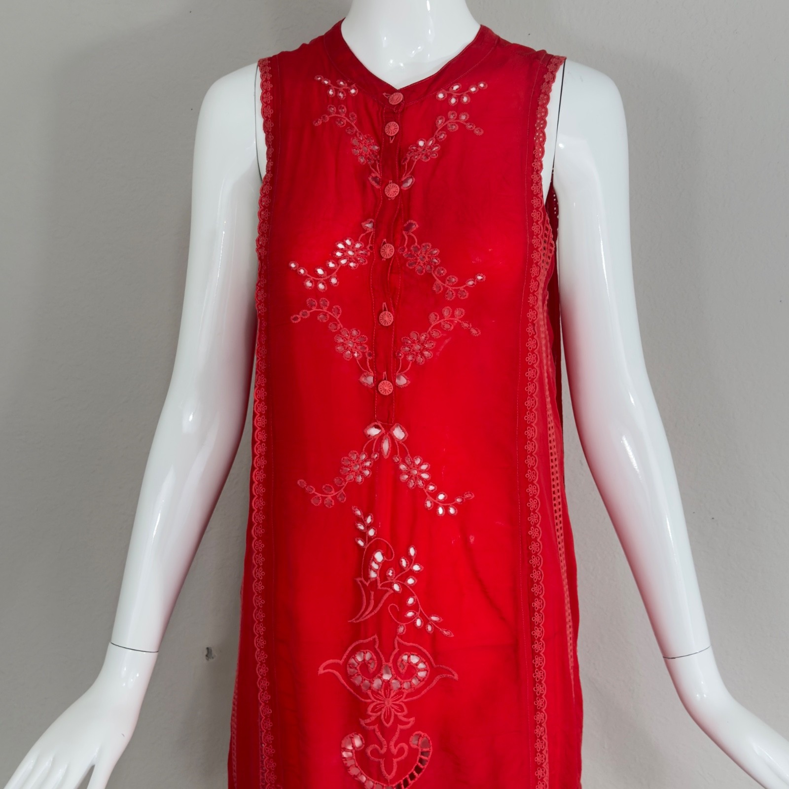 Johnny Was Rhodes Sleeveless Shift Dress Scarlet Red Embroidered Eyelet Accent M