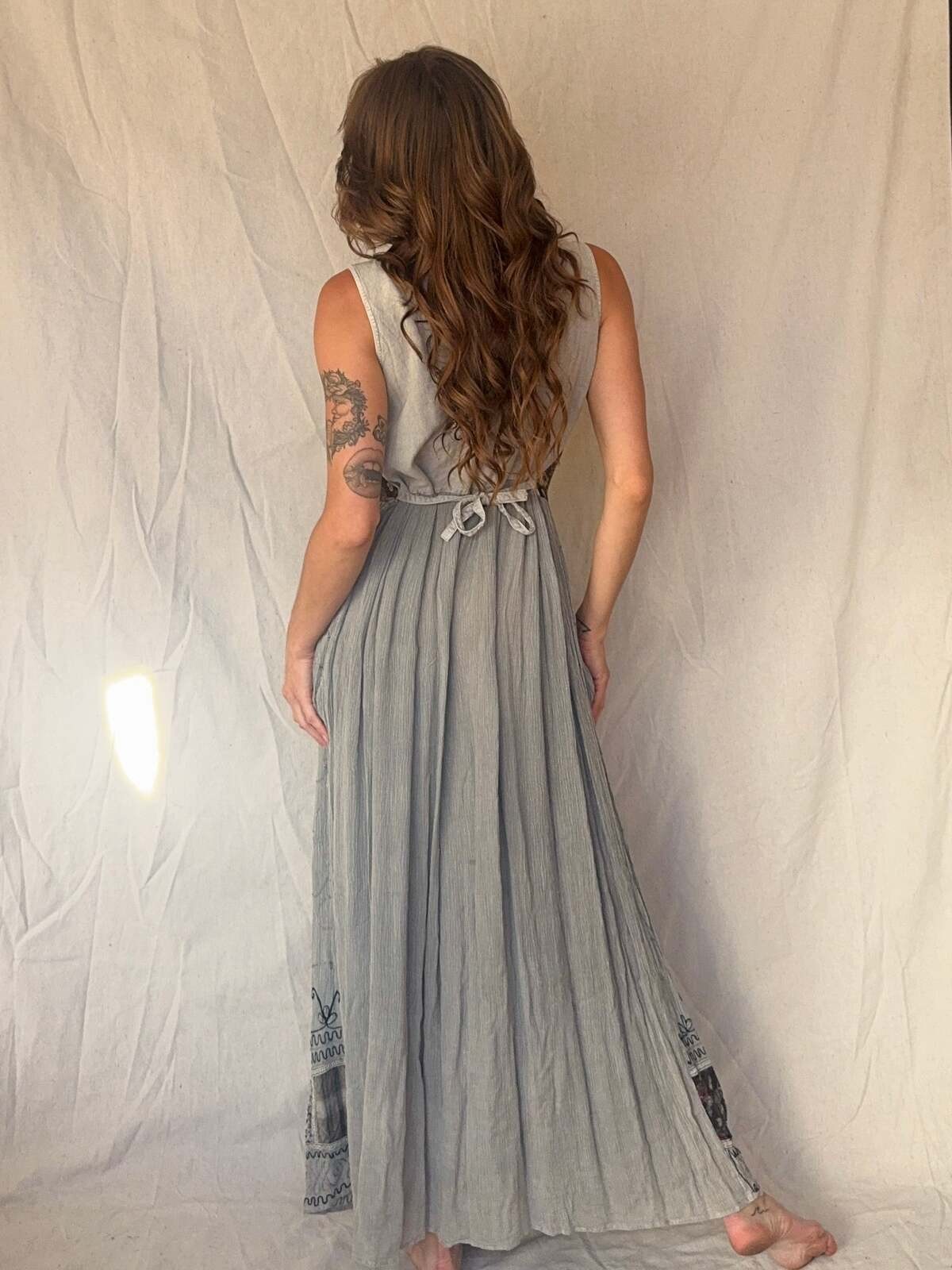 90s Grey Patchwork Whimsigoth Embroidered Fairy Maxi Dress