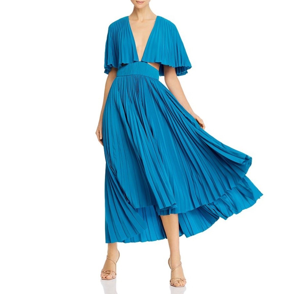 AMUR Dara Pleated Cut Out Midi Dress Blue 0 Accordion Wedding Guest Cocktail