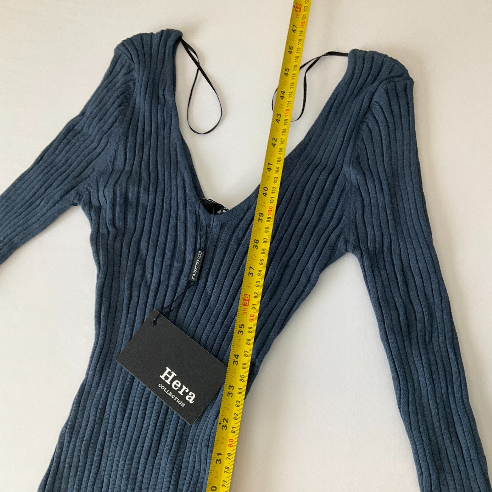 Hera Collection Long Sleeve Bodycon Dress Womens Size S Long Blue Ribbed Stretch