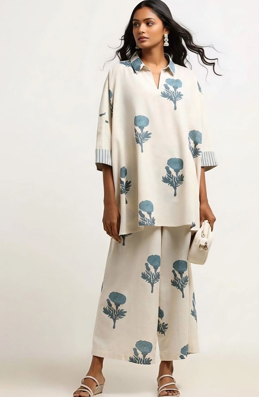 Women Off-White Cotton Flex Kurti Palazzo Set Printed Casual Tunic Indian Boho