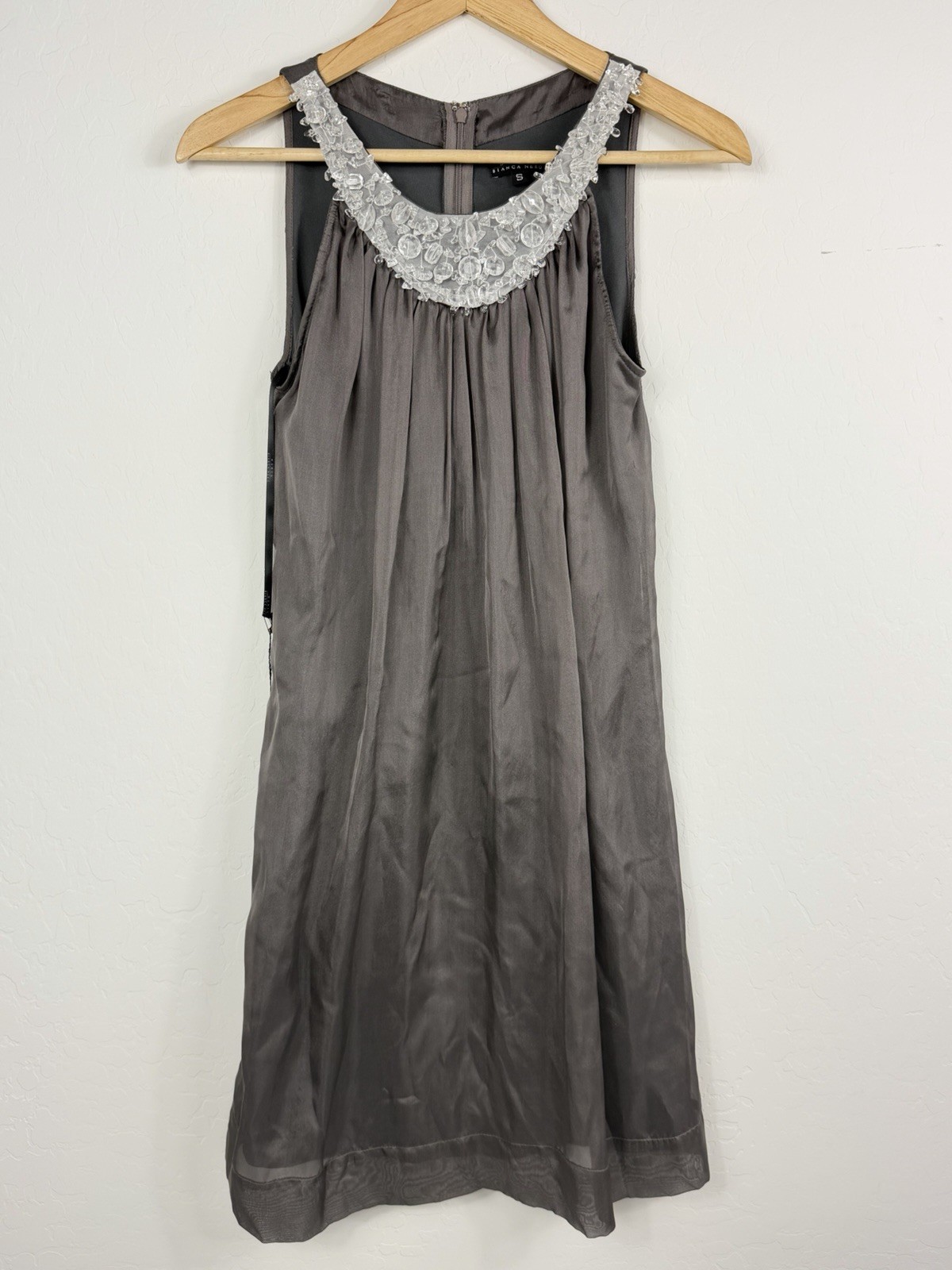 Bianca Nero Silk Shift Dress Gray Beaded Neck Sleeveless Sheer Overlay Size S