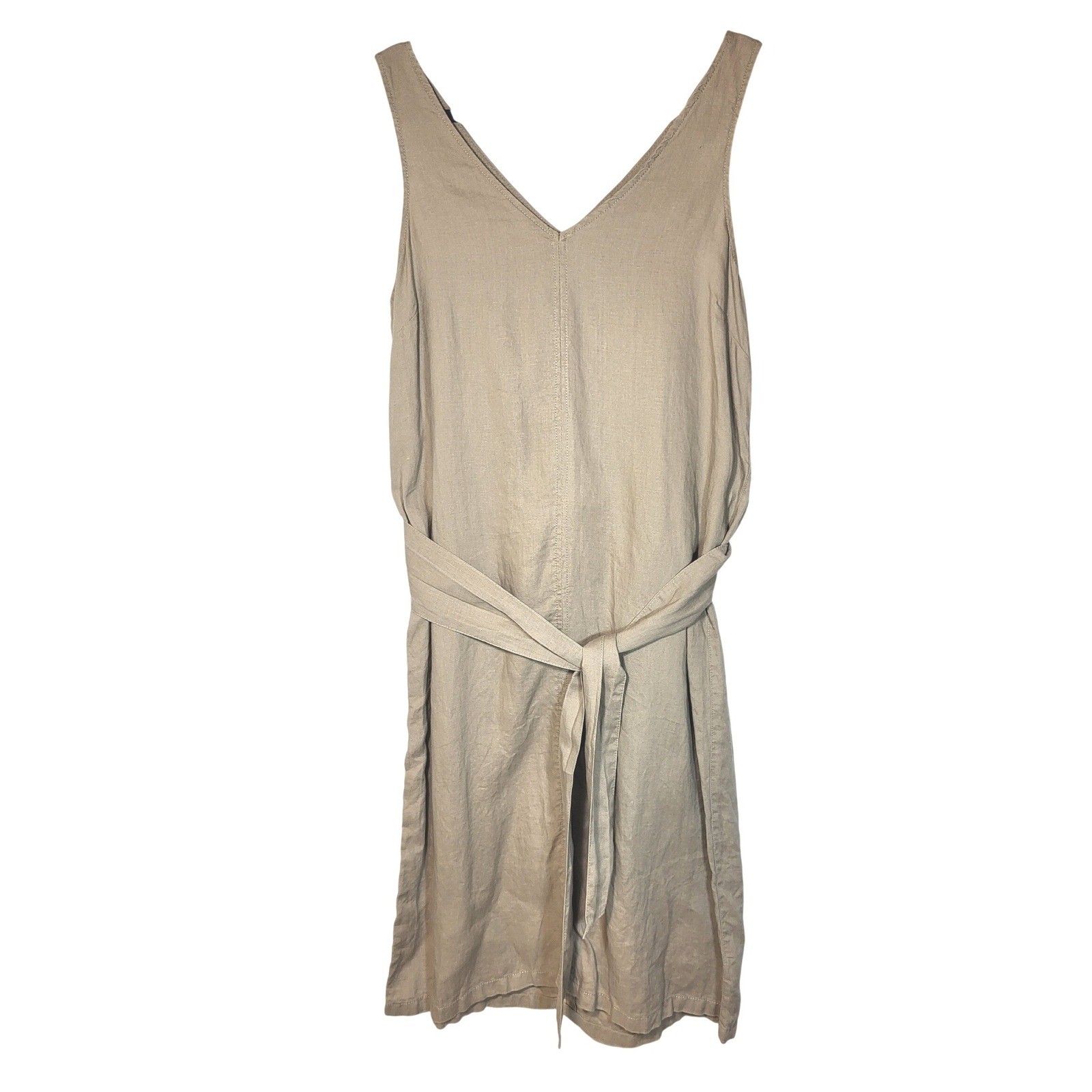 Adrienne Vittadini Womens Taupe Linen Double V-Neck Tie Waist Sleeveless Dress L