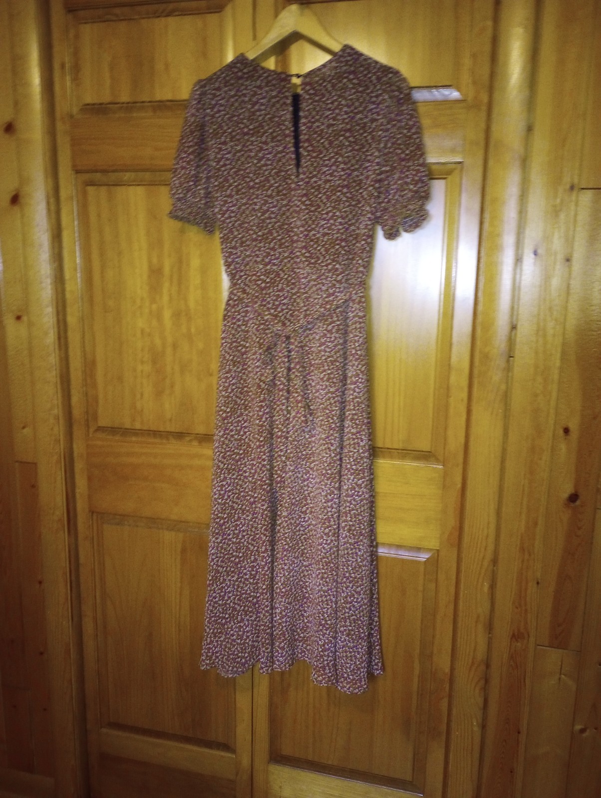 Calico Prairie Dress Brown Sz Large Boho Midi puff sleeve lined belt zip keyhole