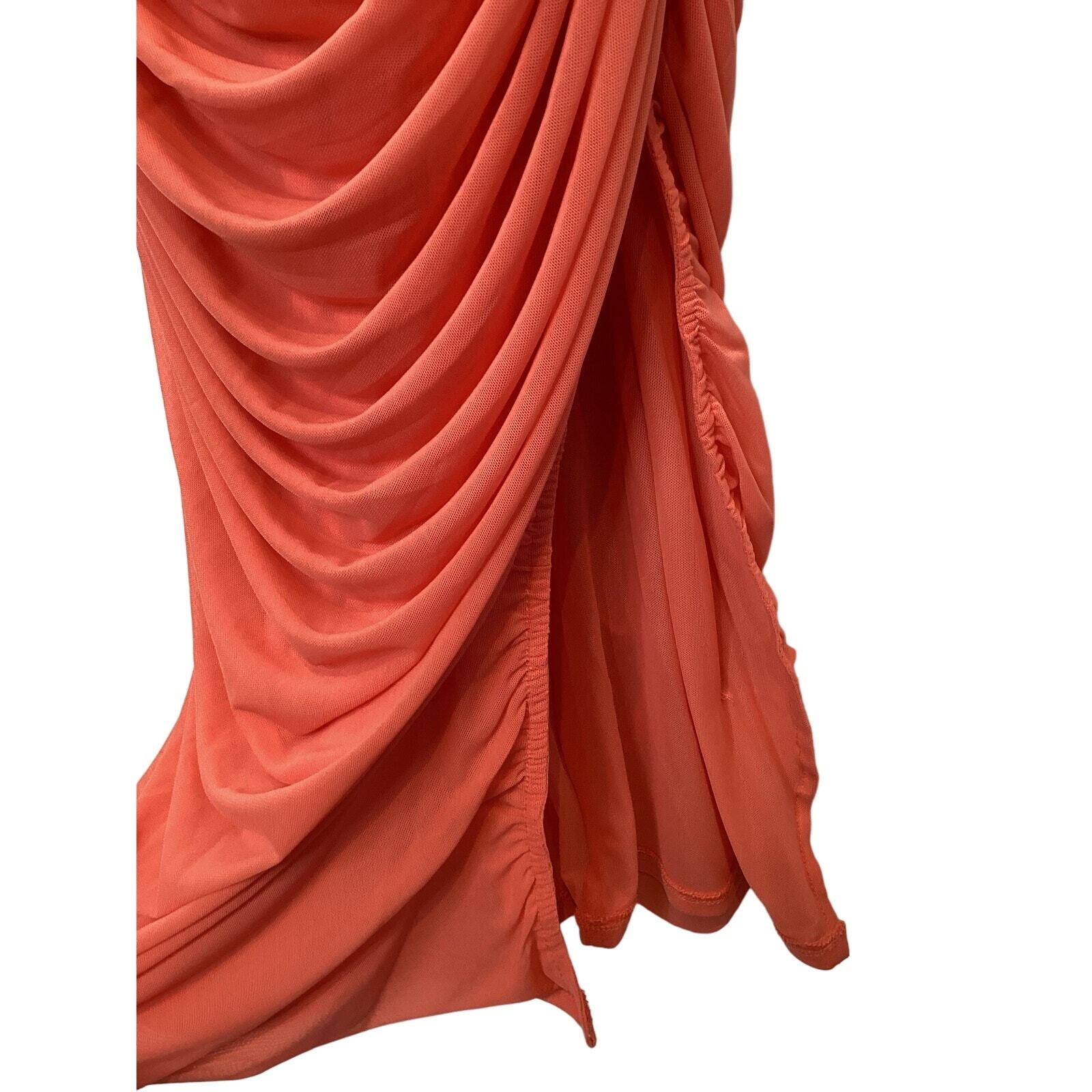 Venus Ruched Mesh Fitted Bodycon Maxi Dress Coral L