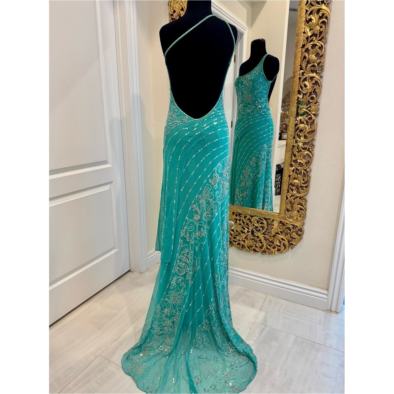 One-Shoulder hand beaded aqua Evening Gown stretch fabric attitudes by Debra